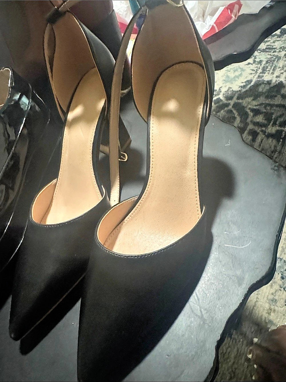 Pointed Toe Ankle Strap Heels in Black